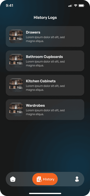 Dejumblefy history log listing organized drawers, cupboards, cabinets, and wardrobes