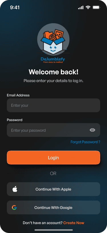 Dejumblefy sign-in screen with email, Apple, and Google options